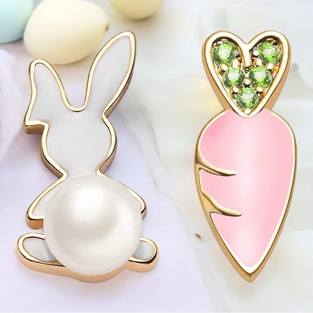 White Bunny w/Pearl Tail & Pink Carrot Stud Earrings Outlined in Gold! CZ Accent